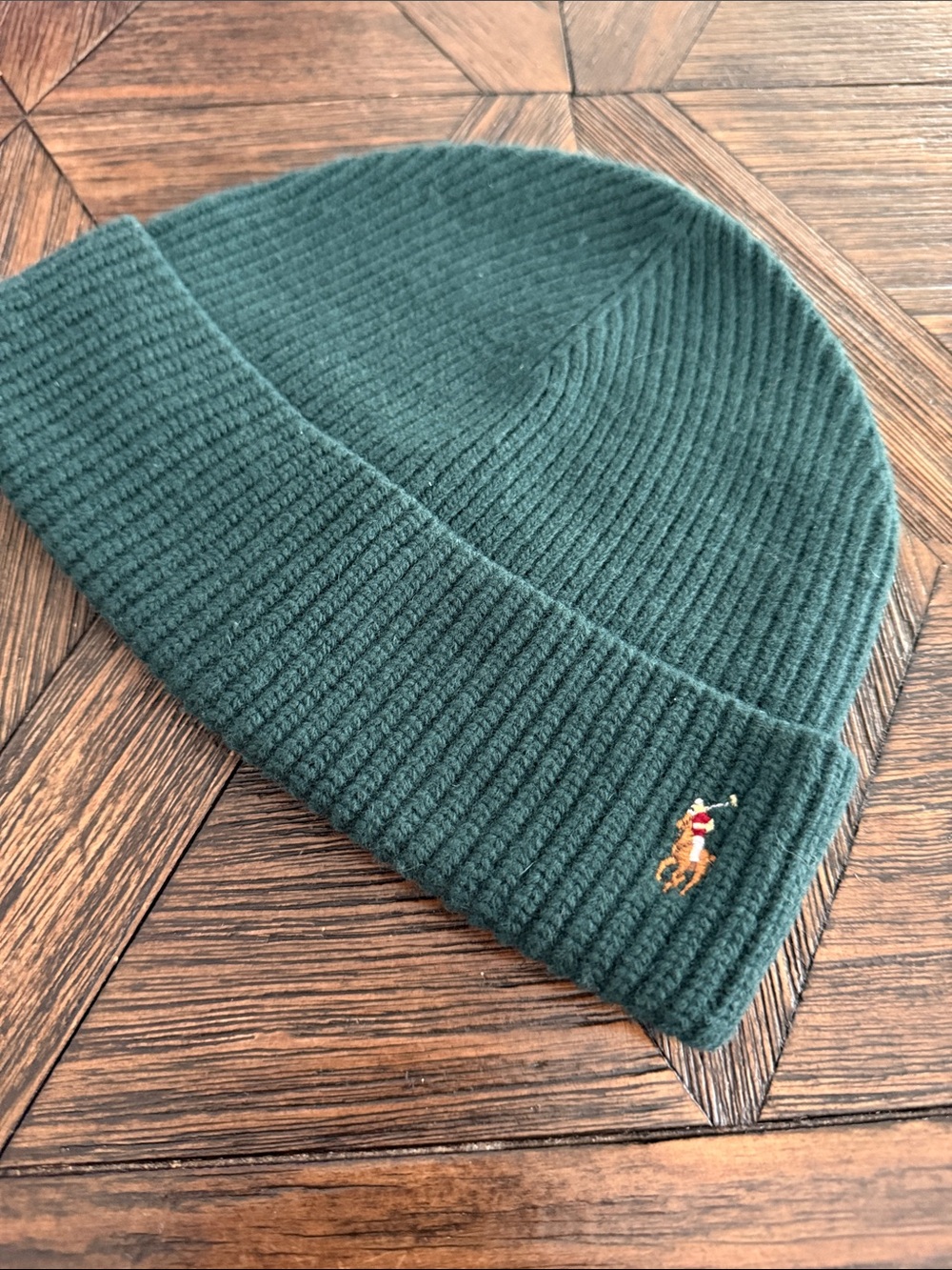 Polo Ralph Lauren Dark Green Wool Blend Ribbed Knit Beanie Embroidered Pony Logo - Picture 2 of 5